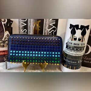 EUC! CHRISTIAN LOUBOUTIN Spiked  Gradient Zip Wallet in Navy W/Multicolor Gems